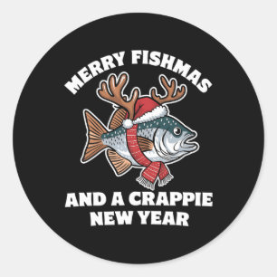 Merry Fishmas And A Crappie New Year Fishing Pun Classic Round Sticker
