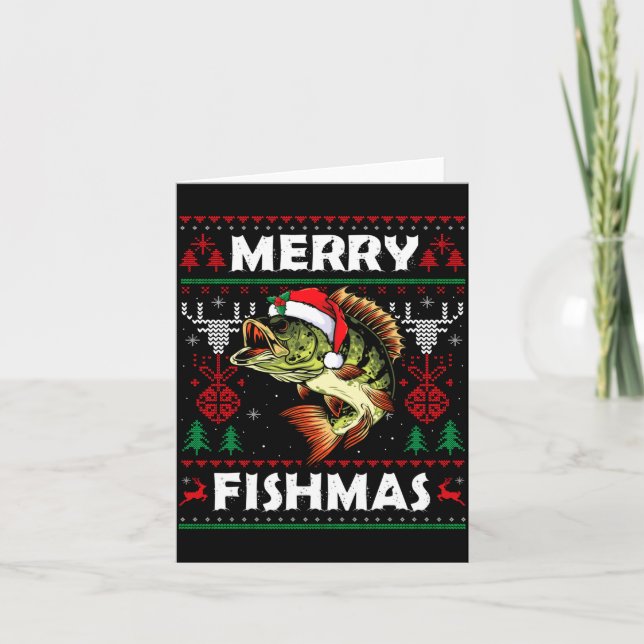 Merry Fishmas B Fish Fishing Christmas Ugly Sweate Card (Front)