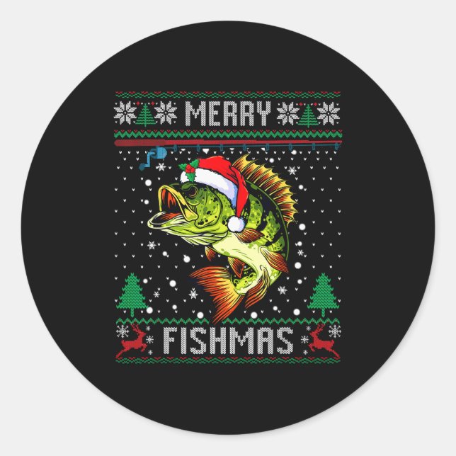 Merry Fishmas B Fish Fishing Christmas Ugly Sweate Classic Round Sticker (Front)