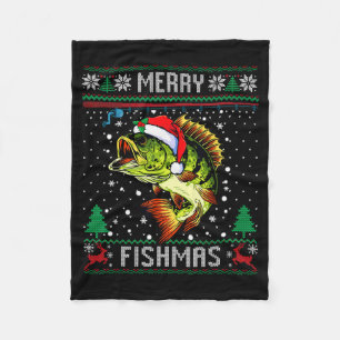 Merry Fishmas B Fish Fishing Christmas Ugly Sweate Fleece Blanket