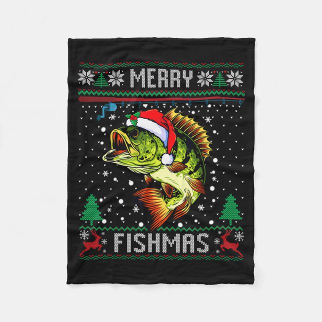 Merry Fishmas B Fish Fishing Christmas Ugly Sweate Fleece Blanket (Front)