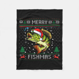 Merry Fishmas B Fish Fishing Christmas Ugly Sweate Fleece Blanket