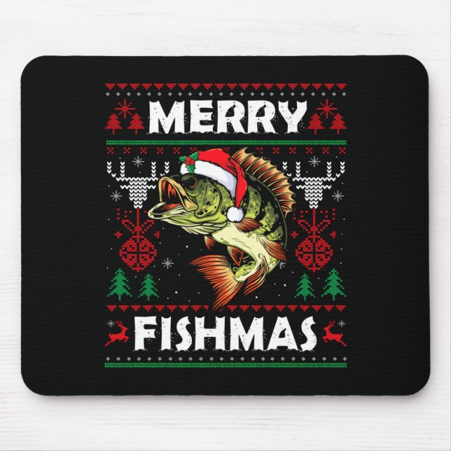 Merry Fishmas B Fish Fishing Christmas Ugly Sweate Mouse Mat (Front)