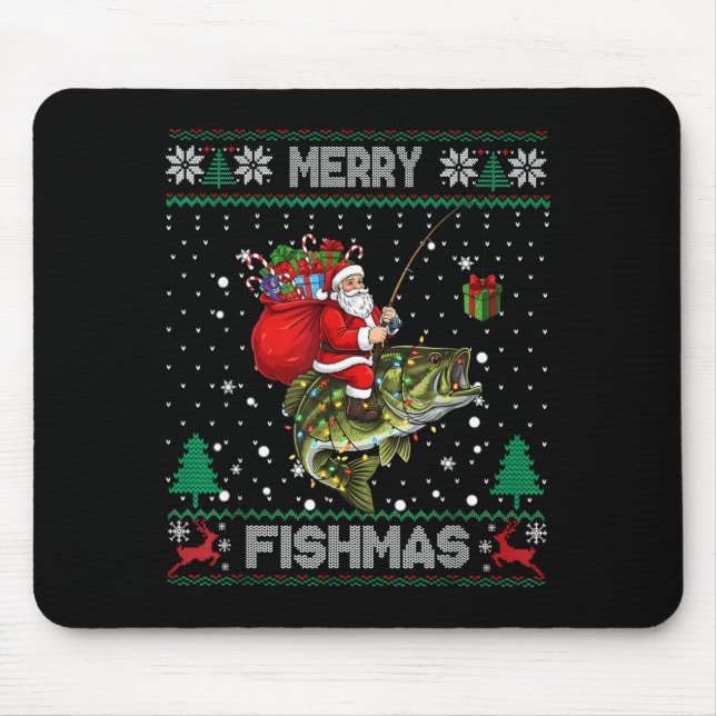 Merry Fishmas B Fish Fishing Christmas Ugly Sweate Mouse Mat (Front)