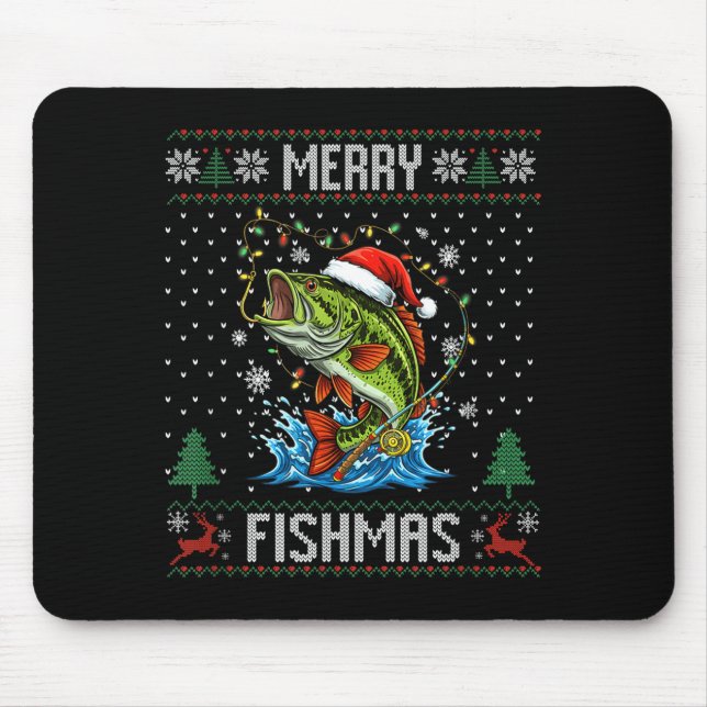Merry Fishmas B Fish Fishing Christmas Ugly Sweate Mouse Mat (Front)
