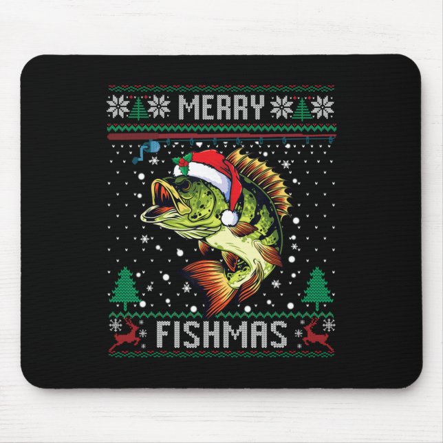 Merry Fishmas B Fish Fishing Christmas Ugly Sweate Mouse Mat (Front)