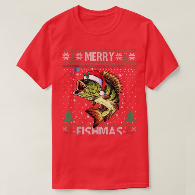 Merry Fishmas Bass Fish Fishing Christmas Ugly Swe T-Shirt (Design Front)