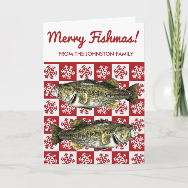 Merry Fishmas Bass Fishing Snowflake Holiday Card (Front)