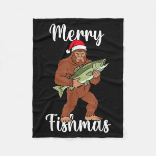 Merry Fishmas Bigfoot Fishing Funny Sasquatch Sant Fleece Blanket