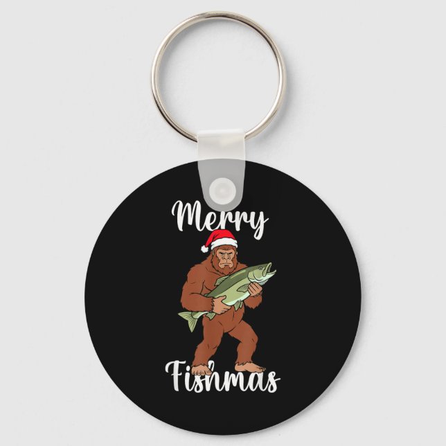 Merry Fishmas Bigfoot Fishing Funny Sasquatch Sant Key Ring (Front)