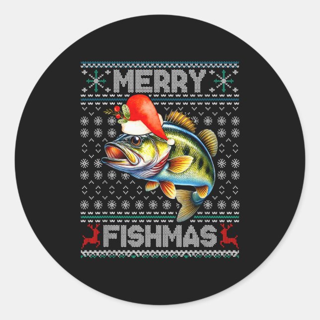 Merry Fishmas Christmas Holiday Santa Fishing Xmas Classic Round Sticker (Front)