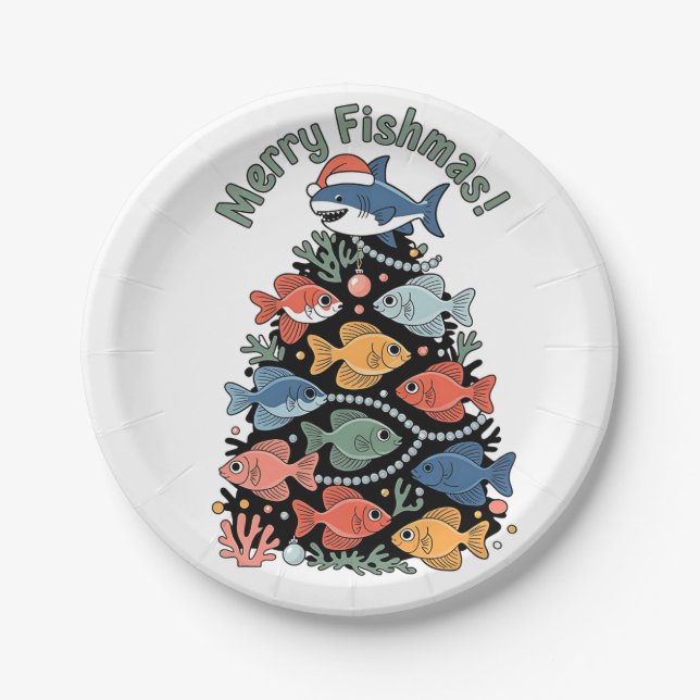 Merry Fishmas Christmas Tree Fish Funny Fishing Paper Plate (Front)
