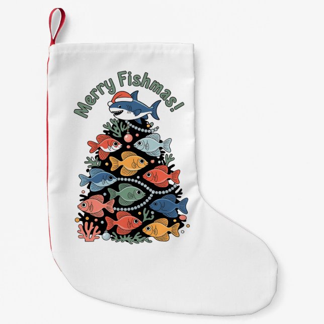 Merry Fishmas Christmas Tree Fish Funny Fishing Small Christmas Stocking (Front)