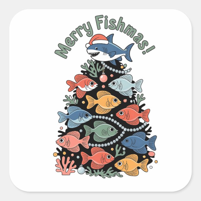 Merry Fishmas Christmas Tree Fish Funny Fishing Square Sticker (Front)