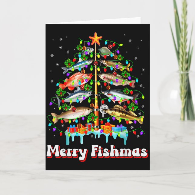 Merry Fishmas Christmas Tree Funny Fish Fishing Fi Card (Front)