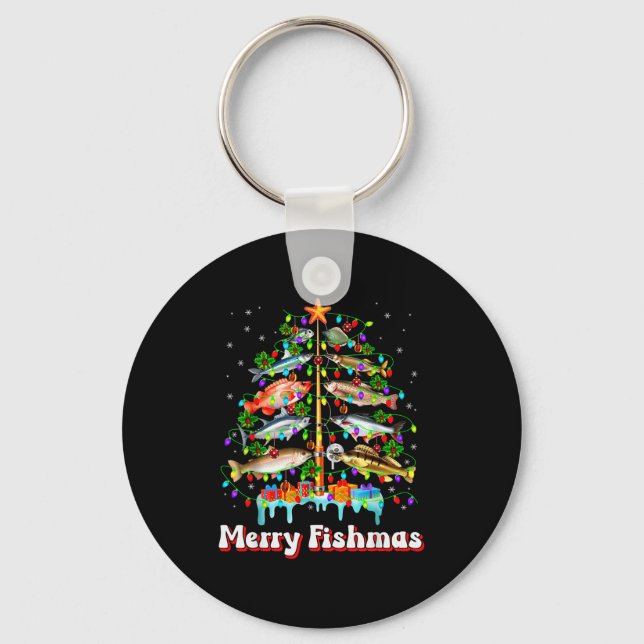 Merry Fishmas Christmas Tree Funny Fish Fishing Fi Key Ring (Front)