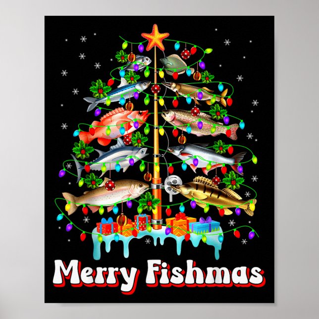 Merry Fishmas Christmas Tree Funny Fish Fishing Fi Poster (Front)
