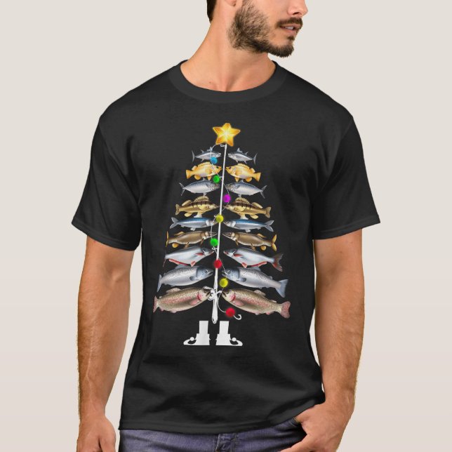 Merry Fishmas Christmas Tree Funny Fishing  T-Shirt (Front)