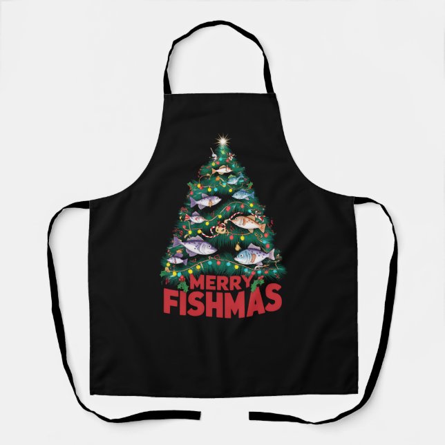 Merry Fishmas Christmas Tree Lights Fish Fishing  Apron (Front)