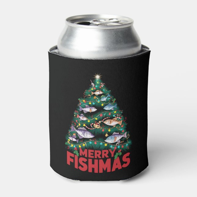 Merry Fishmas Christmas Tree Lights Fish Fishing  Can Cooler (Can Front)