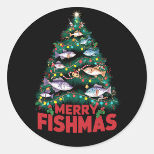 Merry Fishmas Christmas Tree Lights Fish Fishing  Classic Round Sticker