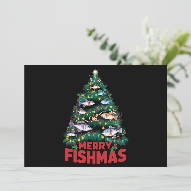 Merry Fishmas Christmas Tree Lights Fish Fishing  Holiday Card (Standing Front)