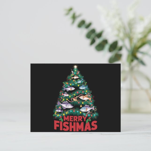 Merry Fishmas Christmas Tree Lights Fish Fishing  Holiday Postcard (Standing Front)