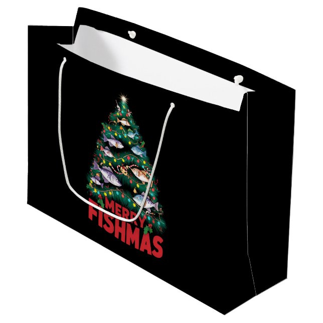 Merry Fishmas Christmas Tree Lights Fish Fishing  Large Gift Bag (Front Angled)