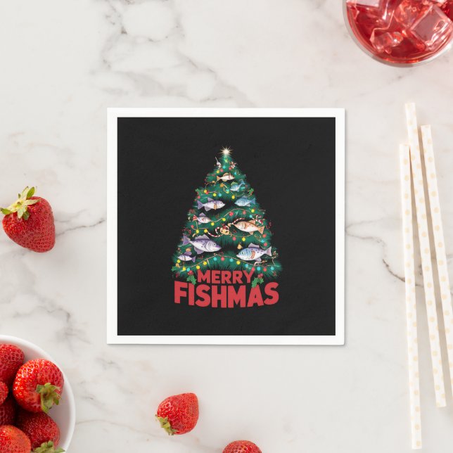 Merry Fishmas Christmas Tree Lights Fish Fishing  Napkin (Insitu)