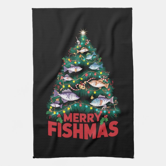 Merry Fishmas Christmas Tree Lights Fish Fishing  Tea Towel (Vertical)