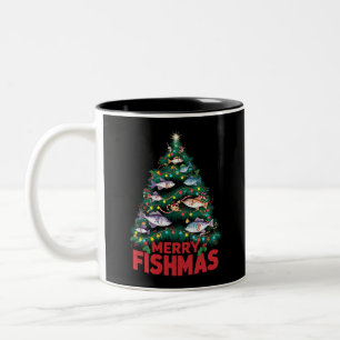 Merry Fishmas Christmas Tree Lights Fish Fishing  Two-Tone Coffee Mug