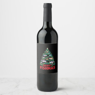 Merry Fishmas Christmas Tree Lights Fish Fishing Wine Label