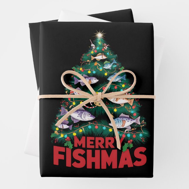 Merry Fishmas Christmas Tree Lights Fish Fishing  Wrapping Paper Sheet (In situ)