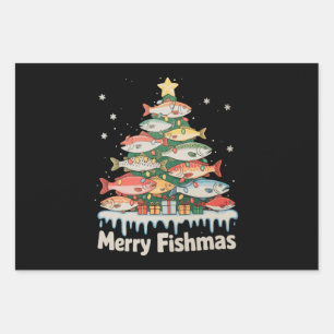 Merry Fishmas Fish Christmas Tree Lights Fisherman Wrapping Paper Sheet