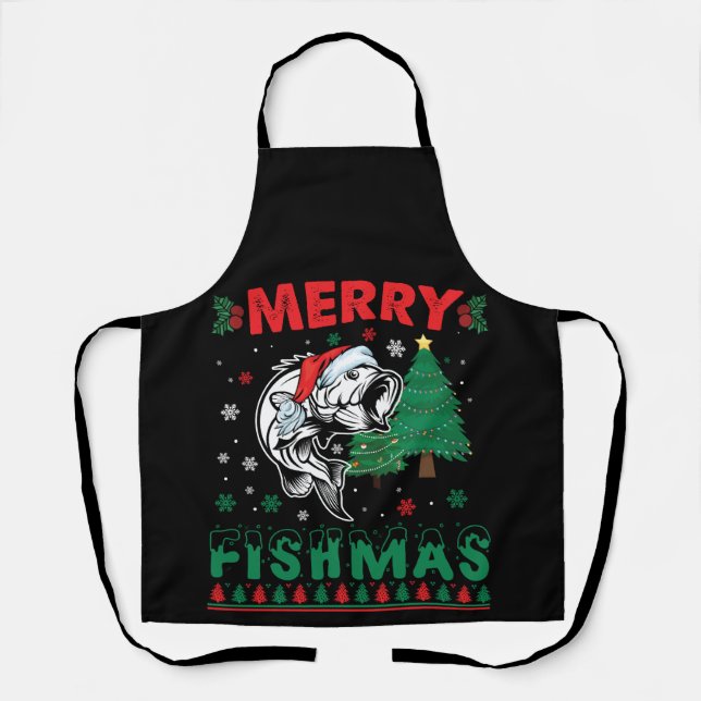 Merry Fishmas Fish Fishing Dad Fisherman Christmas Apron (Front)