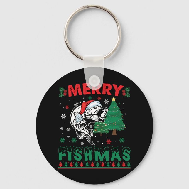 Merry Fishmas Fish Fishing Dad Fisherman Christmas Key Ring (Front)
