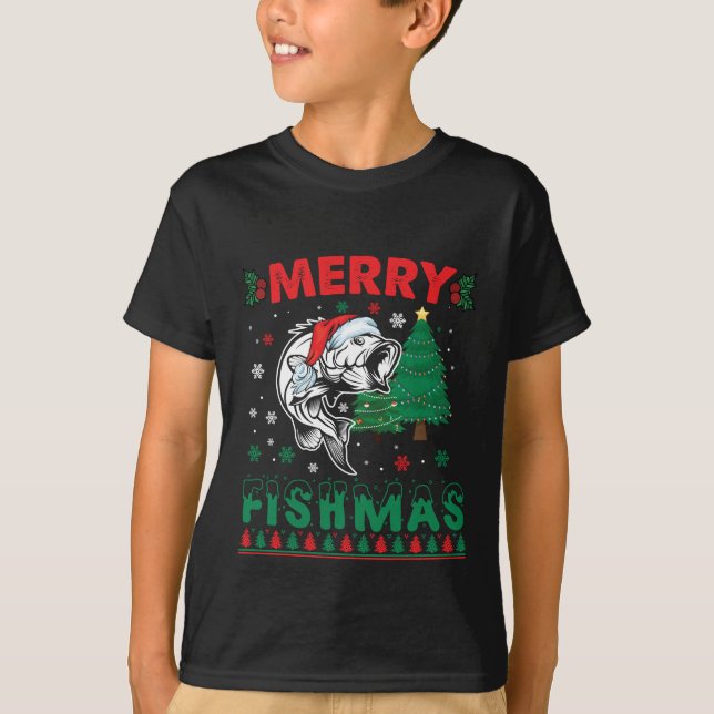 Merry Fishmas Fish Fishing Dad Fisherman Christmas T-Shirt (Front)