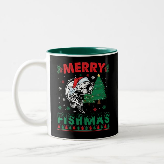 Merry Fishmas Fish Fishing Dad Fisherman Christmas Two-Tone Coffee Mug (Left)