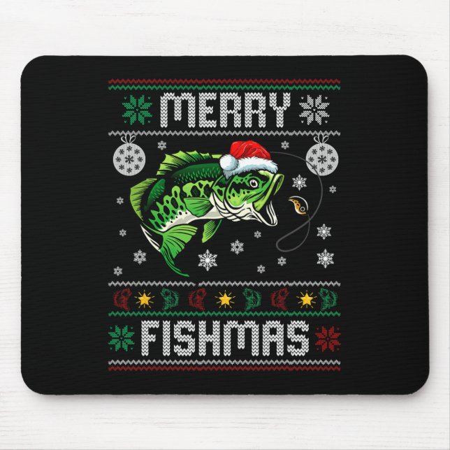Merry Fishmas Fun Fish Fishing Fisherman Ugly Chri Mouse Mat (Front)