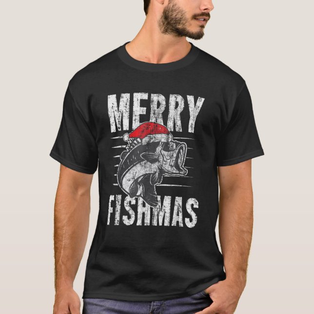 Merry Fishmas Funny Christmas Fishing Distressed G T-Shirt (Front)