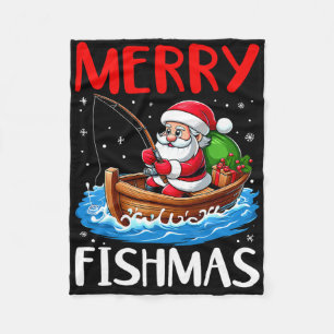 Merry Fishmas Funny Christmas Santa Claus Fishing  Fleece Blanket