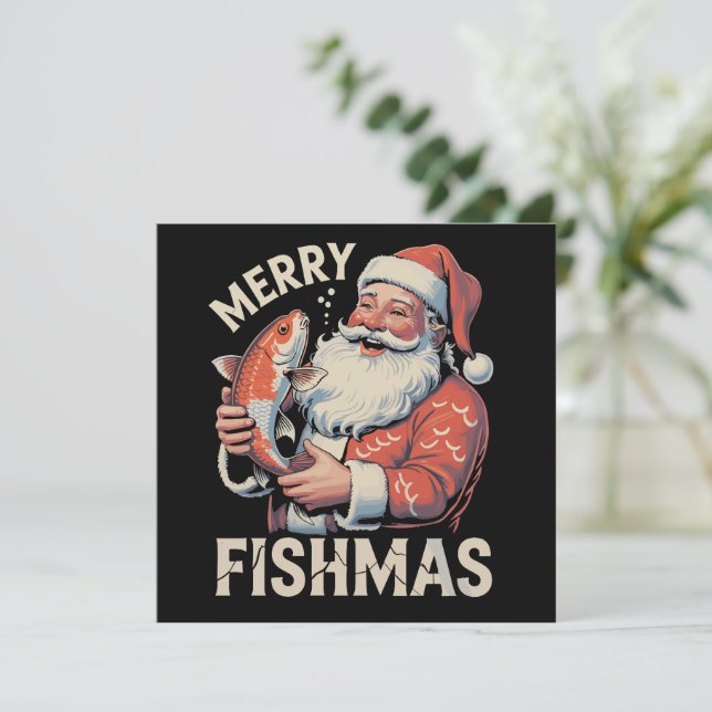 Merry Fishmas Funny Christmas Santa Claus Fishing  Holiday Card (Standing Front)