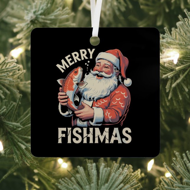 Merry Fishmas Funny Christmas Santa Claus Fishing  Metal Tree Decoration (Insitu)