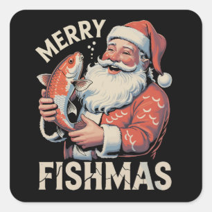 Merry Fishmas Funny Christmas Santa Claus Fishing Square Sticker