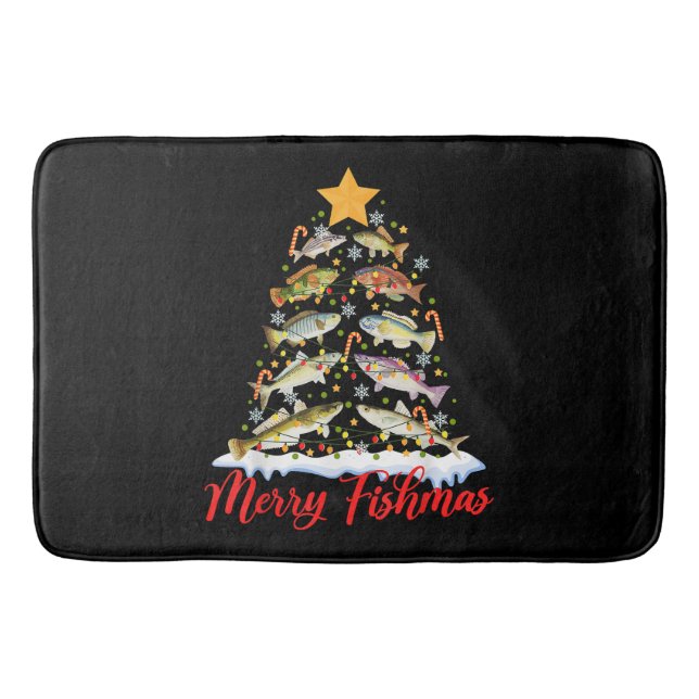 Merry Fishmas Funny Christmas Tree Lights Fish Fis Bath Mat (Front)
