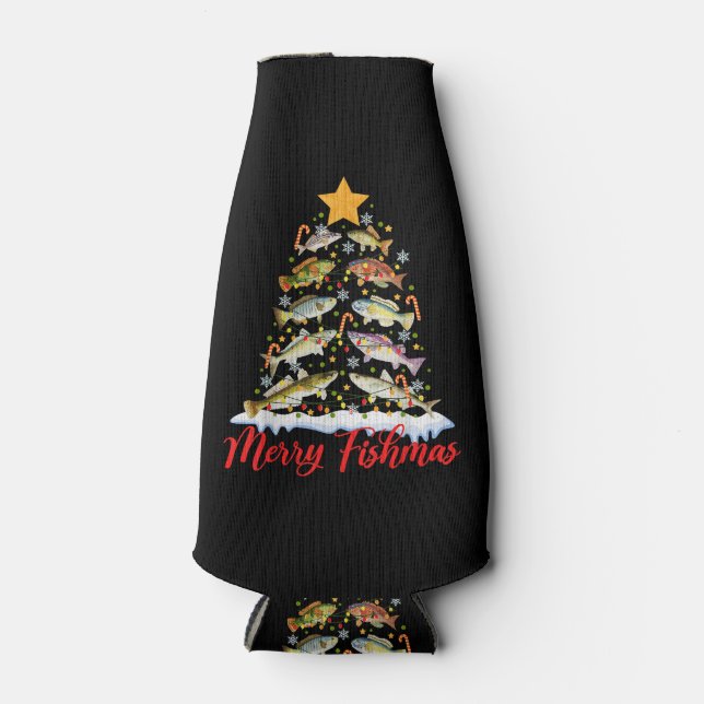Merry Fishmas Funny Christmas Tree Lights Fish Fis Bottle Cooler (Front)