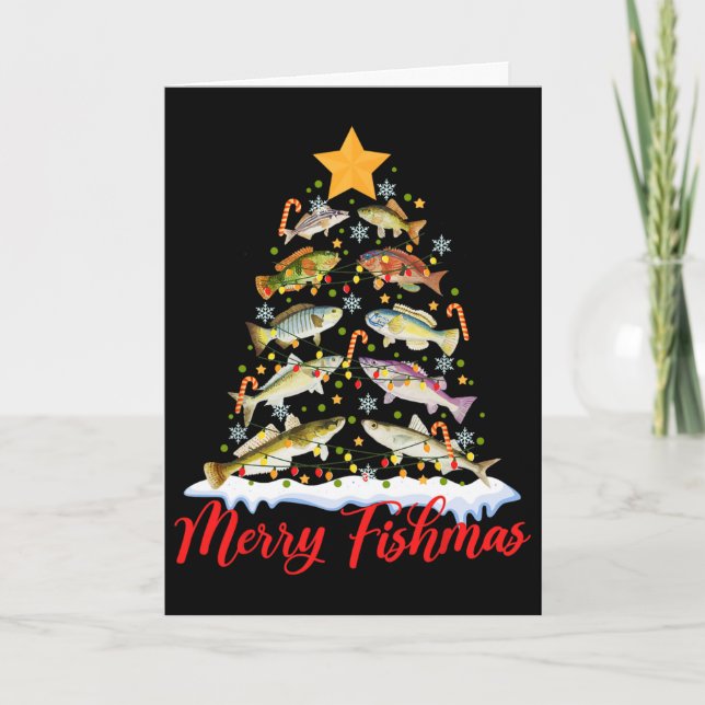 Merry Fishmas Funny Christmas Tree Lights Fish Fis Card (Front)