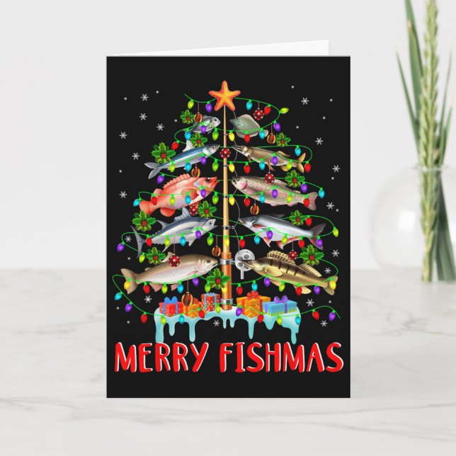 Merry Fishmas Funny Christmas Tree Lights Fish Fis Card (Front)