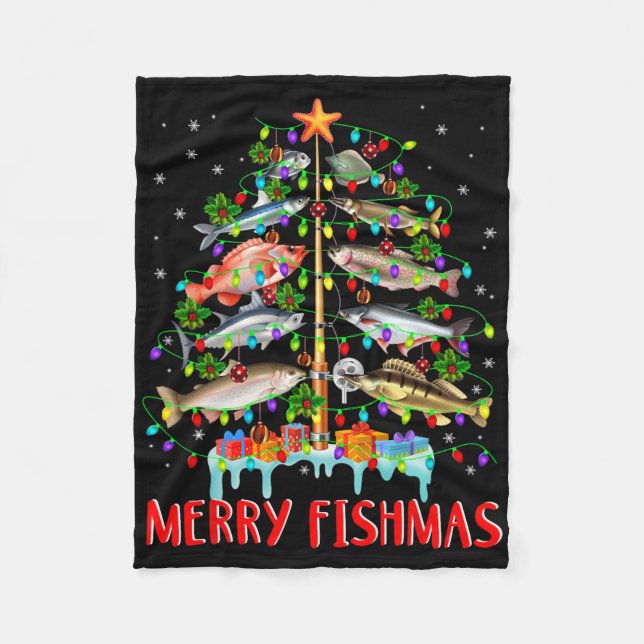 Merry Fishmas Funny Christmas Tree Lights Fish Fis Fleece Blanket (Front)