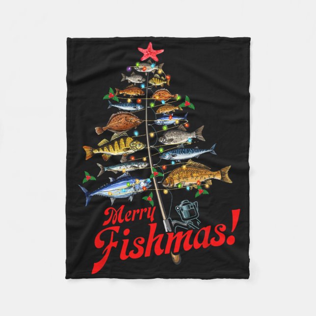 Merry Fishmas Funny Christmas Tree Lights Fish Fis Fleece Blanket (Front)